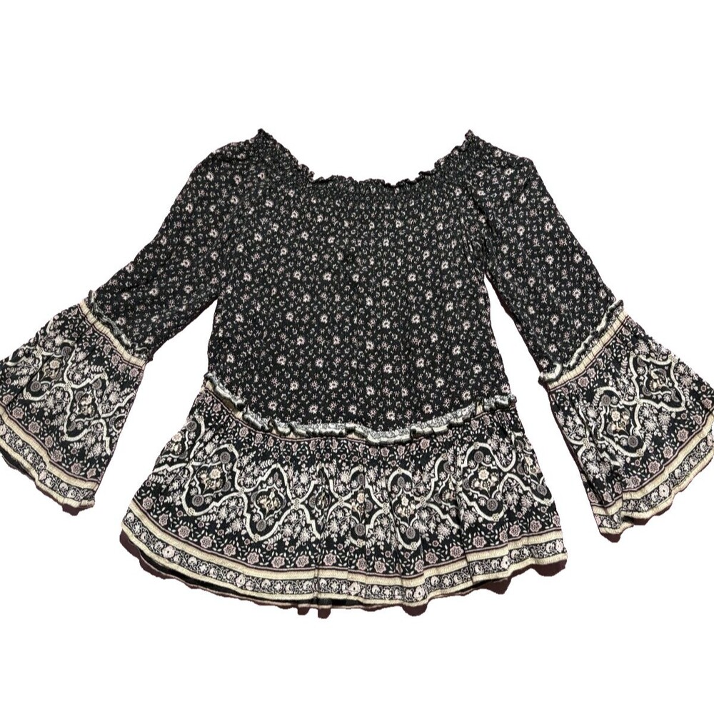 American Eagle Women Floral Blouse Black Beige Bohemian Style Bell Sleeves Small